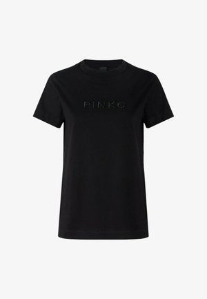 T-shirt nera a maniche corte con girocollo, con logo "PINKO" in rilievo sottile e centrato sul petto, sfondo semplice.