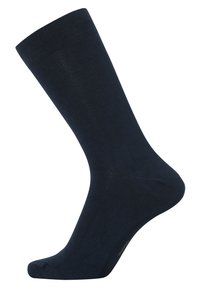 Mørkeblå sok lavet af glat materiale, med en ribbet kant, sømløs tå og en tætsiddende form for komfort.