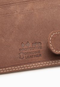 Brown genuine leather wallet with RFID protection, featuring embossed text and contrasting stitching along the edges. Smooth texture.