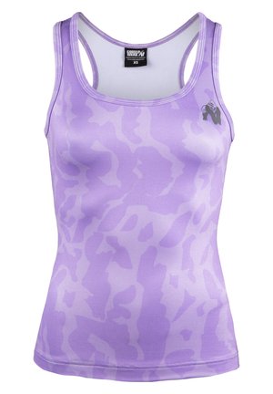 Lila Tanktop mit einem dezenten Camouflage-Muster, Racerback-Design und einem Logo-Akzent. Hergestellt aus glattem, dehnbarem Material.