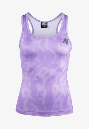 Lila Tanktop mit einem dezenten Camouflage-Muster, Racerback-Design und einem Logo-Akzent. Hergestellt aus glattem, dehnbarem Material.