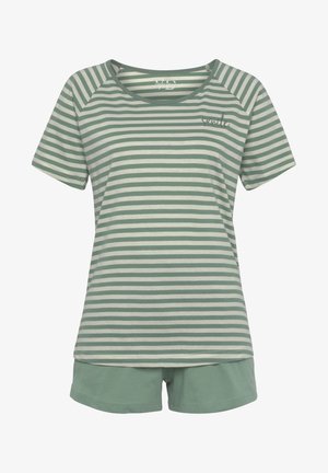 Conjunto de pijama de manga corta a rayas en suaves tonos verdes y crema, con cuello redondo y pantalones cortos sólidos en verde a juego.