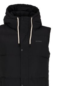 Schwarze ärmellose Steppweste mit hohem Kragen, ausgestattet mit einer verstellbaren Kapuze und vorderen Druckknöpfen. Das Material wirkt glatt und isoliert.