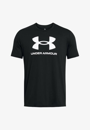Black cotton t-shirt featuring a white Under Armour logo and text on the front. Short sleeves and crew neckline. Simple design.