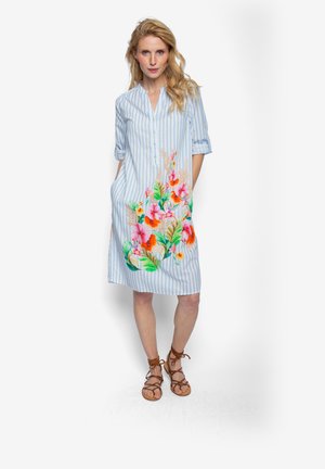Gestreepte jurk tot op de knie in lichtblauw met kleurrijke bloemenprint aan de voorkant. Losse pasvorm, korte mouwen en een gebuttonde halslijn.