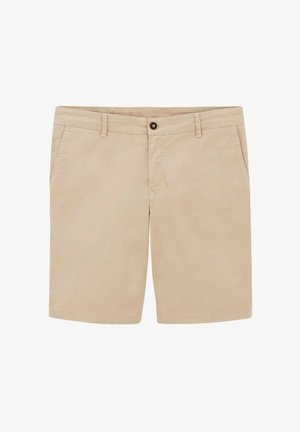 Shorts en coton beige à coupe droite, avec passants de ceinture, poches avant et fermeture à un bouton. Texture lisse, sans motifs.