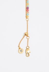 Gold chain necklace featuring multicolored faceted beads, a round pendant with a clear stone, and a lobster clasp for closure.