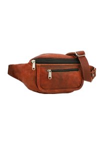 Marsupio in pelle marrone con due tasche frontali con cerniera, cinturino regolabile e superficie testurizzata. Forma compatta con cuciture sottili.