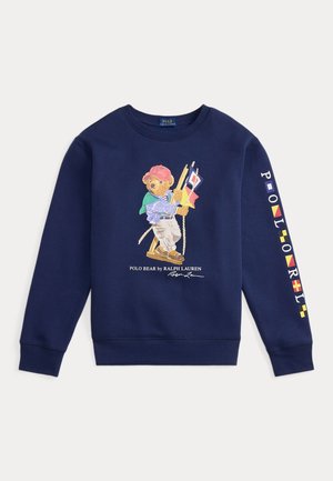 Tmavomodrá mikina s medveďom držiacim námornícke vlajky na hojdačke, pod tým text "POLO BEAR by RALPH LAUREN" a farebný nápis "POLO RL" na rukáve.