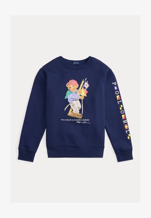 Navy sweatshirt with a bear holding nautical flags on a swing, "POLO BEAR by RALPH LAUREN" text below, and colorful "POLO RL" on the sleeve.