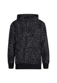 Sudadera negra con un patrón de texto gráfico blanco repetido, capucha ajustable y puños de canalé. Fabricada con un tejido suave y texturizado.