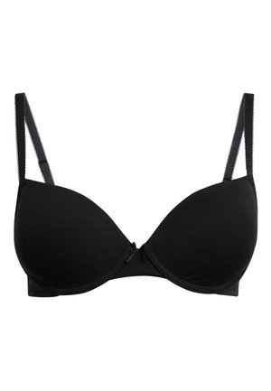 Reggiseno nero con coppe imbottite e lisce, e spalline regolabili. Presenta un dettaglio a fiocco al centro. Il tessuto è morbido e elastico con un design senza cuciture.