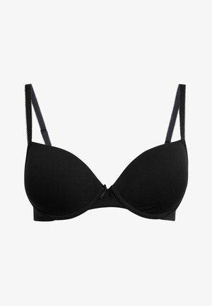 Juodas liemenukas su paminkštintais, lygiais puodeliais ir reguliuojamomis petnešėlėmis. Papuoštas centro juostele. Audinys yra minkštas ir elastingas, be siūlių.