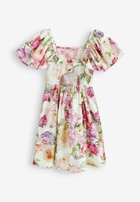 Vestido floral de tejido ligero, con escote cuadrado y mangas abullonadas. Los colores incluyen rosa, púrpura y verde, con un detalle recortado en la cintura.