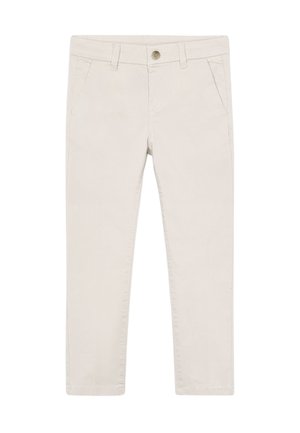 Pantaloni di cotone beige chiaro con cinque tasche, chiusura a bottone e design a gamba dritta con cuciture minimaliste.