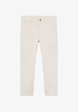 Pantaloni di cotone beige chiaro con cinque tasche, chiusura a bottone e design a gamba dritta con cuciture minimaliste.