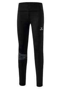Leggings de sport noirs en tissu extensible, dotés d'une taille haute et de bandes argentées le long de la jambe gauche.