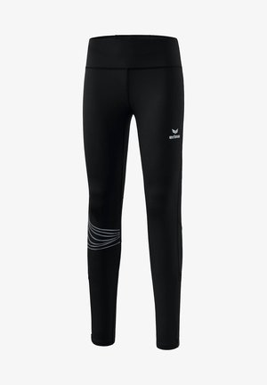 Zwarte sportlegging gemaakt van rekbaar materiaal, met een hoge tailleband en zilveren accentstrepen langs het linkerbeen.