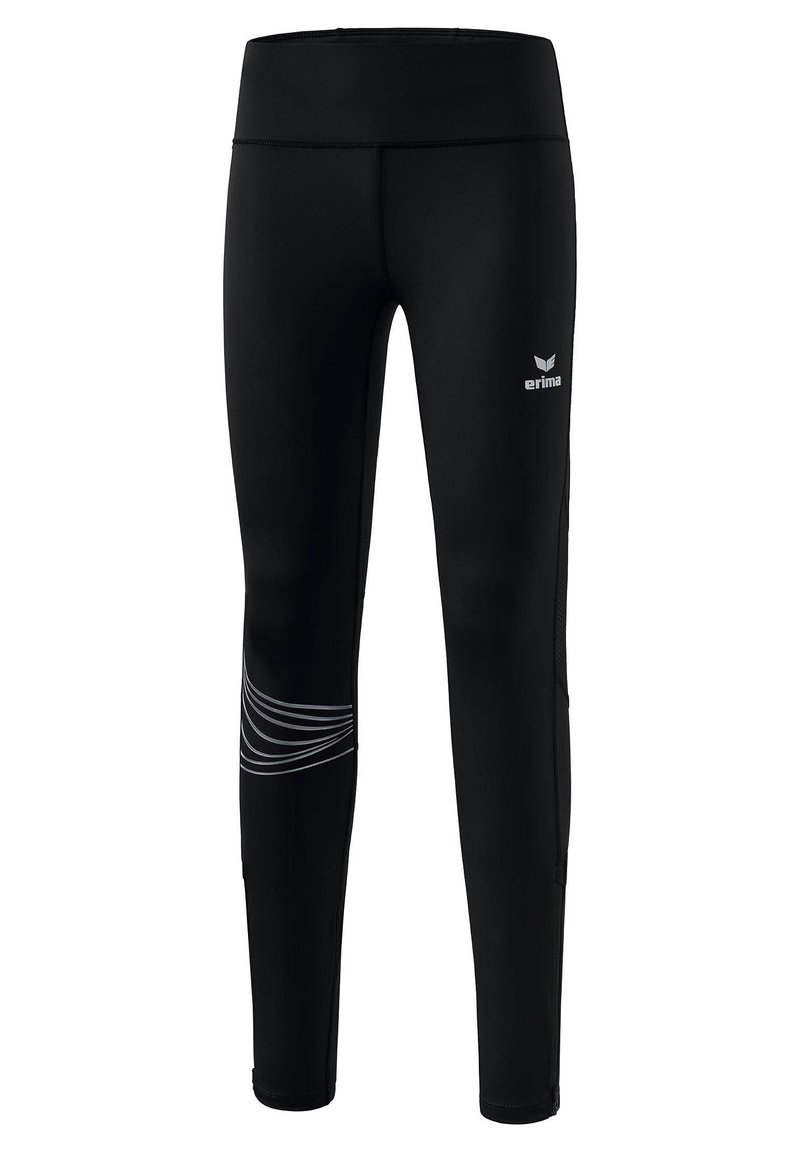 Leggings de sport noirs en tissu extensible, dotés d'une taille haute et de bandes argentées le long de la jambe gauche.