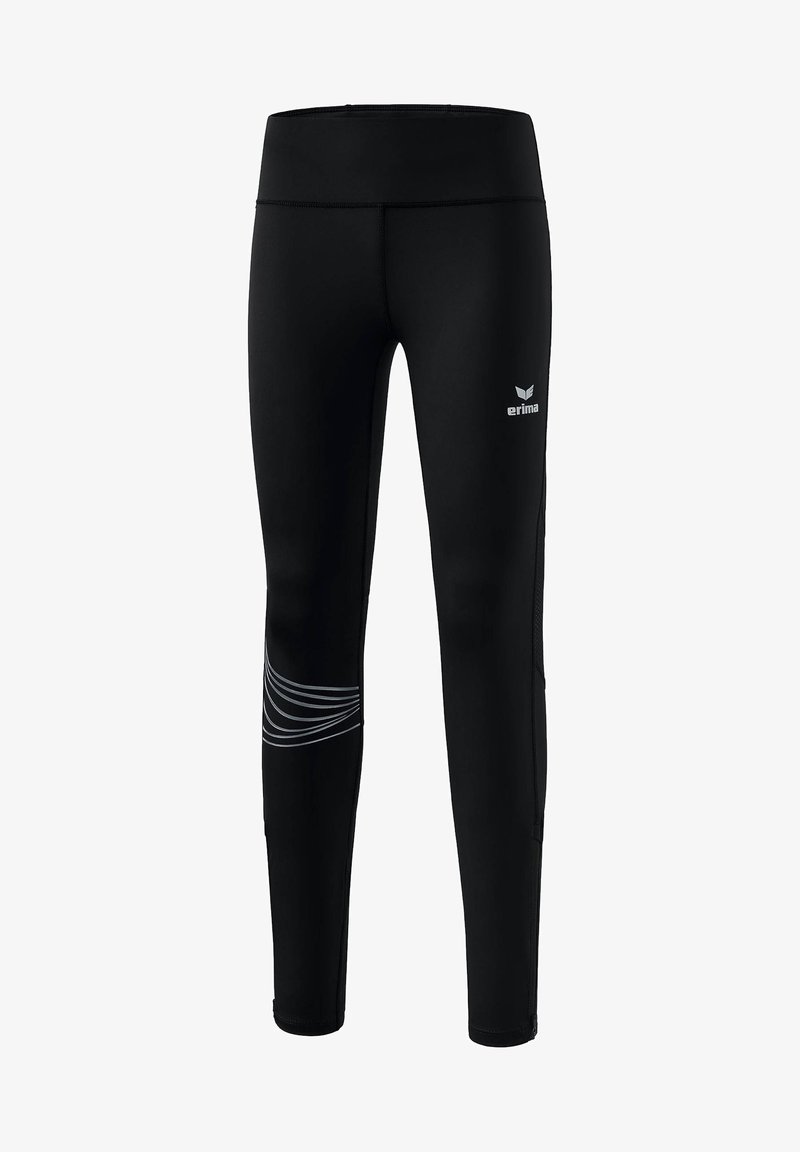 Leggings de sport noirs en tissu extensible, dotés d'une taille haute et de bandes argentées le long de la jambe gauche.