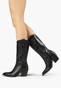 Bottes de cow-boy en cuir noir avec un bout pointu et un talon épais, présentant des motifs floraux en relief et une fermeture éclair sur le côté.