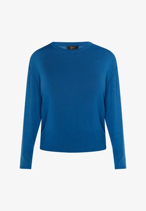 Zils adīts džemperis ar garām piedurknēm, noapaļotu kakla izgriezumu un brīvu piegriezumu. Iedegas ar gludu tekstūru un vieglu šuvju detaļu apakšmalā.