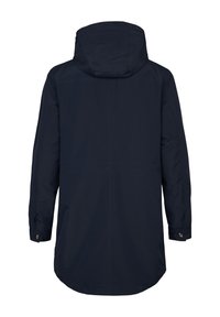 Granatowa wodoodporna kurtka z odpinanym kapturem, długimi rękawami i prostym dołem. Posiada proste szwy i mankiety zapinane na guziki.