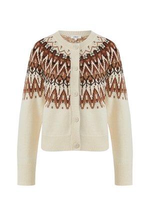 Strickcardigan in Creme mit einem geometrischen Muster in Braun und Schwarz. Besitzt einen runden Halsausschnitt, eine Knopfverschluss und gerippte Bündchen sowie Saum.