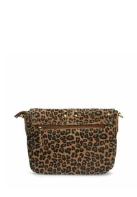 Leopard print shoulder bag with a brown and black pattern, featuring a zip front pocket and gold-tone hardware accents. Lightly textured.