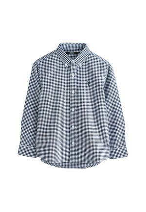 Marineblå og hvidt gingham ternet langærmet skjorte med knap-ned krave og lille logo. Bomuldsstof, tætsiddende design og buet kant.