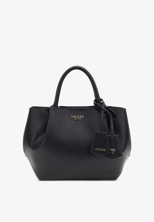 Black synthetic handbag with a textured finish, dual handles, and logo accents. Features a structured shape and detachable tags.