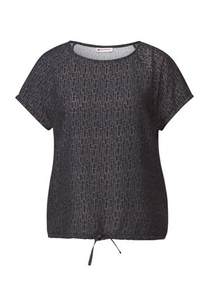 Losse korte mouwen top in donker marineblauw met een geometrisch patroon. Voorzien van een trekkoord aan de onderkant voor een verstelbare pasvorm. Zachte stofstructuur.