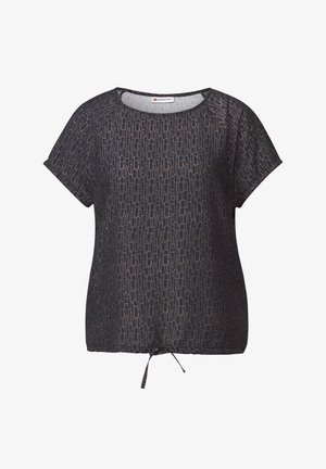 Lässig geschnittenes T-Shirt mit kurzen Ärmeln in Dunkelmarine mit einem geometrischen Muster. Verfügt über einen Kordelzug am Saum für eine verstellbare Passform. Weicher Stoff.