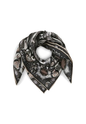 Seidenschal mit schwarzem Grund und floralem sowie paisleymuster in Grau, Beige und Weiß, abgerundet mit einem kontrastierenden Rand.