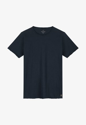 T-shirt blu navy a maniche corte realizzato in morbido tessuto, con collo rotondo e un piccolo logo sul basso a sinistra.