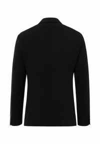 Schwarzes, tailliertes Blazer mit Reverskragen, langen Ärmeln und glatter Textur, ausgestattet mit Knöpfen an den Bündchen und einer strukturierten Silhouette.