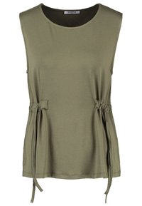 Olivgrön ärmlös topp i mjukt, lätt material, med rund halsringning och justerbara sidoknyt för en åtsittande passform.