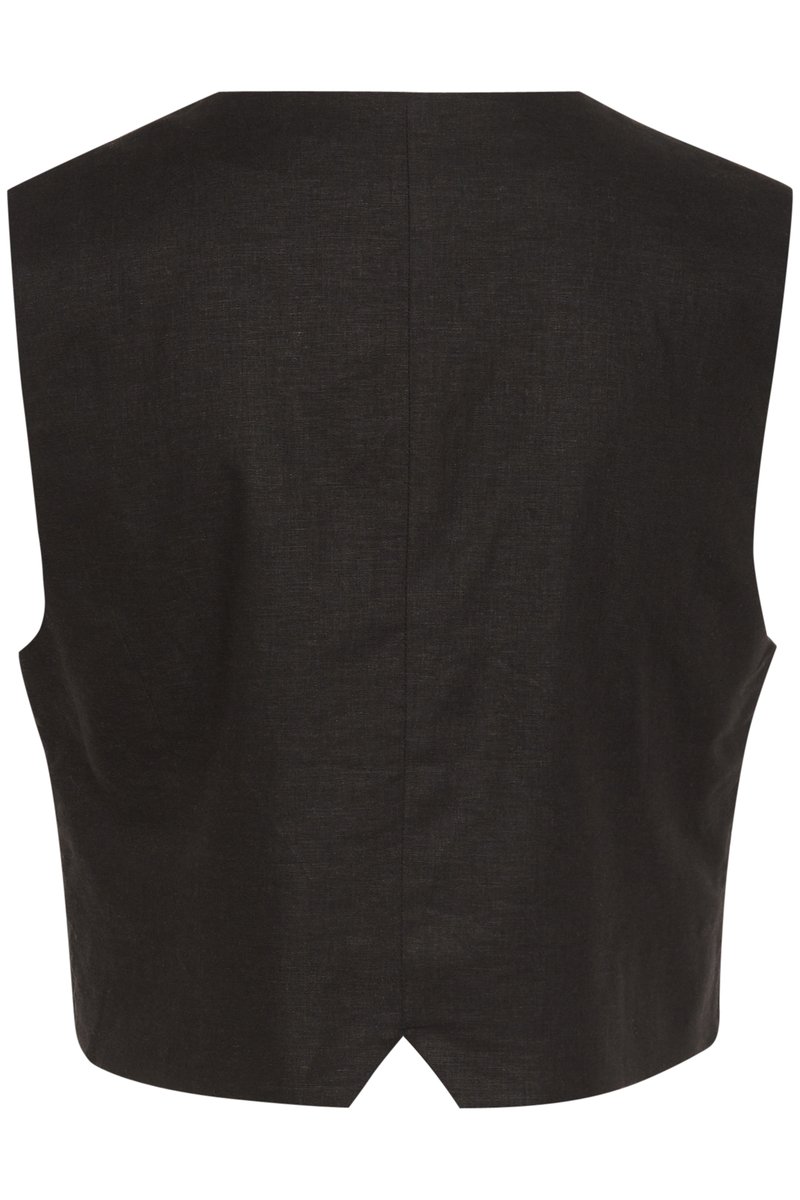 Czarny lniany kamizelka o minimalistycznym wzornictwie, z wysokim dekoltem i tapered fit. Z tyłu znajduje się subtelny detal w kształcie litery V.
