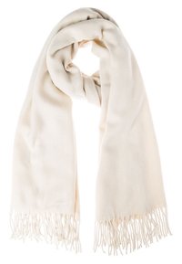 Écharpe en laine douce de couleur crème avec un nœud lâche et des bords frangés, présentée sur un fond blanc.