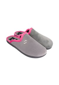 Zapatillas grises con ribetes rosas, hechas de un material suave similar al ante. Presentan una textura lisa y una forma redondeada, diseño de parte trasera abierta y acentos en contraste.