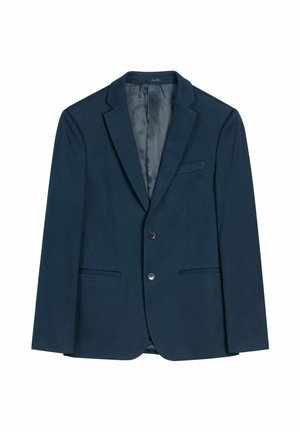 Granatowa marynarka męska jednorzędowa z dwoma guzikami, z klapami z wycięciami, przednimi kieszeniami z patkami oraz kieszenią na piersi, podszyta od wewnątrz.