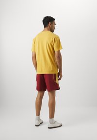 Gul bomull t-skjorte med kort erme, sammen med røde shorts med gule sidestriper. Modellen har på seg hvite joggesko med grå sokker.