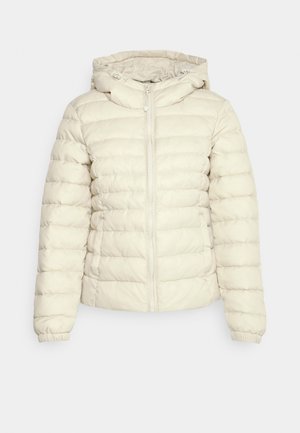Puffer jacket in light beige, featuring a hood, front zipper, quilted texture, elastic cuffs, and a straight cut.