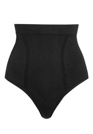 Visoko pasno črno oblikovalno spodnje perilo z teksturiranim chevron vzorcem in gladko, raztegljivo tkanino. Ima širok, udoben pas.