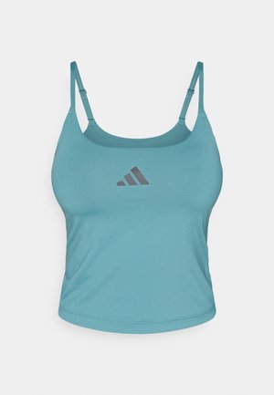 Zaļganzils sporta topiņš ar regulējamām siksnām, izgatavots no mīksta auduma. Priekšpusē centrā ir pelēks Adidas logotips. Gluda tekstūra.