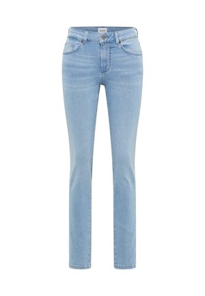 Jean bleu clair à jambes droites avec poches avant et arrière, passants de ceinture, et fermeture par bouton et glissière.