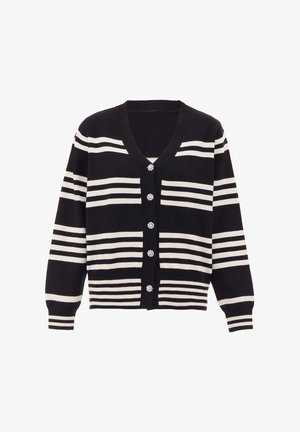 Cardigan cu dungi alb-negru, cu decolteu în V, închidere cu nasturi și accente florale, cu manșete și tiv cu nervuri. Material tricotat moale.