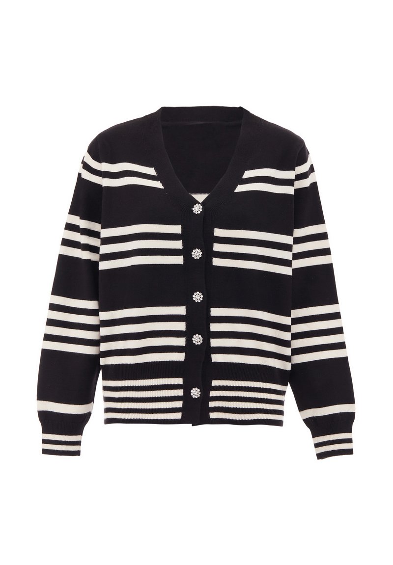 Cardigan a righe bianche e nere con scollo a V, chiusura a bottoni con accentuazioni floreali e polsini e orlo a costine. Materiale in maglia morbida.
