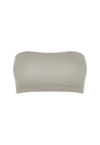Bandeau w jasnoszarym żebrowanym materiale, bezszwowy design, miękka tekstura i brak ramiączek, idealny do noszenia pod różnymi stylizacjami.