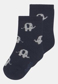 Marineblaue Baumwollsocken mit hellgrauem Elefantenmuster. Mit einem gerippten Bündchen und glatter Textur. Lässiges Design, Knöchellänge.